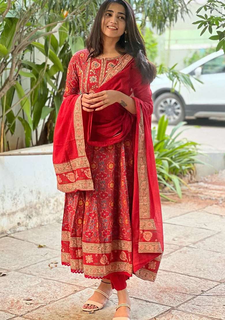 Red Printed Cotton Anarkali Set - Indya