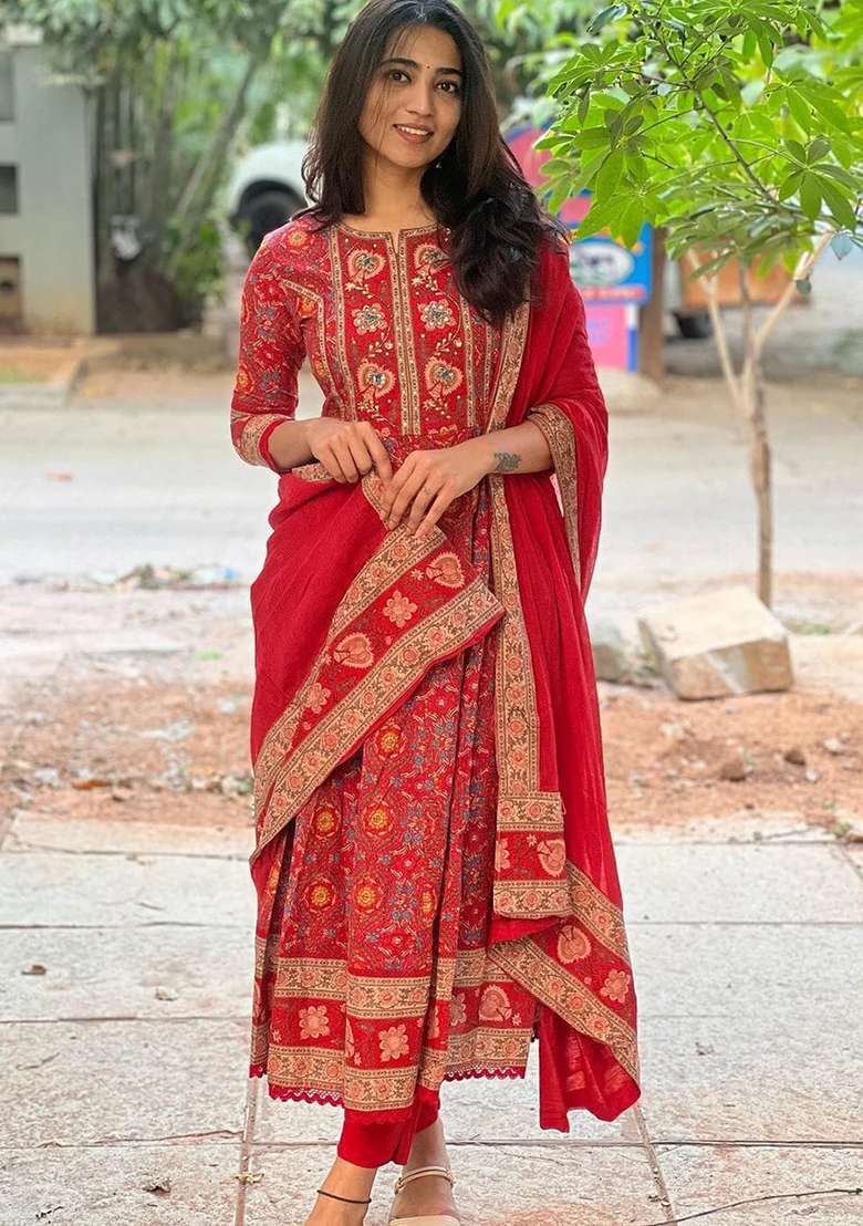 Red Printed Cotton Anarkali Set - Indya