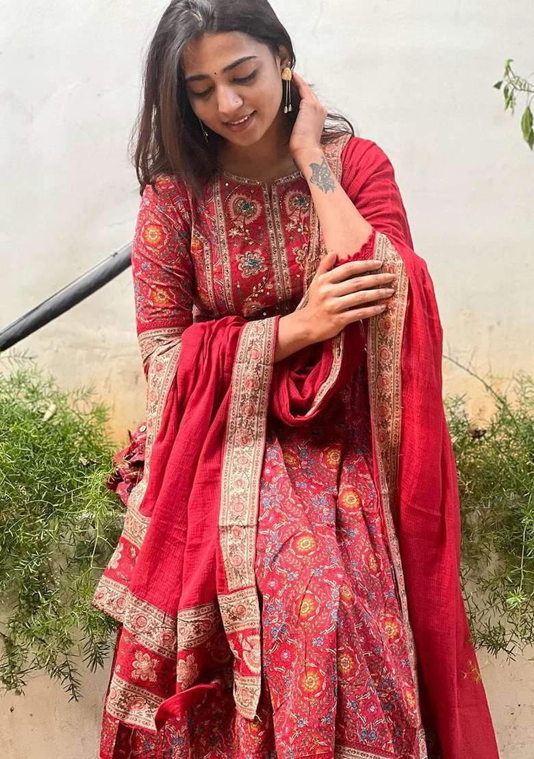 Red Printed Cotton Anarkali Set - Indya