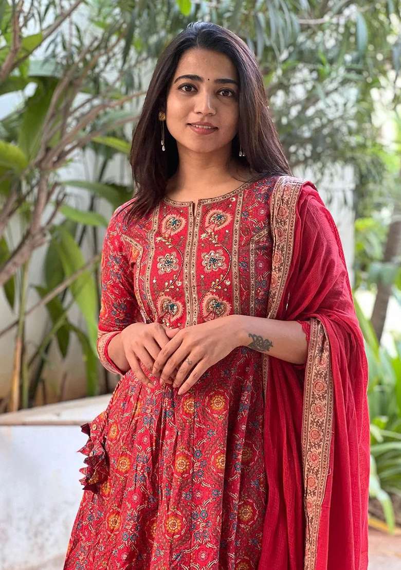 Red Printed Cotton Anarkali Set - Indya