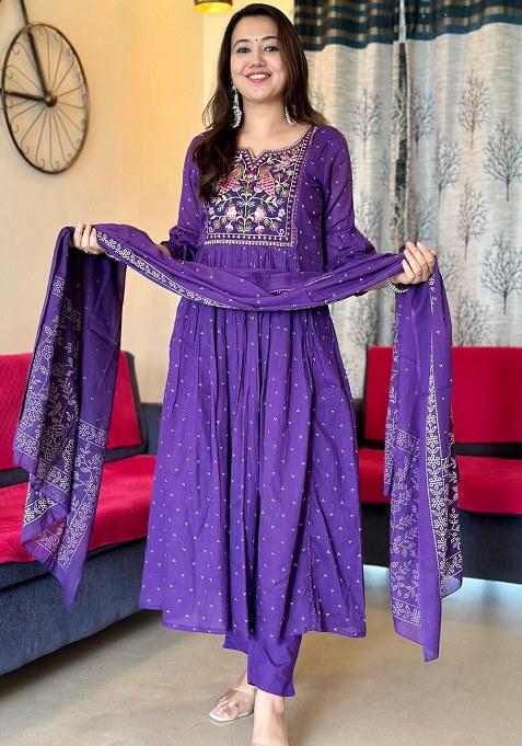 Purple Printed Cotton Kurta Set