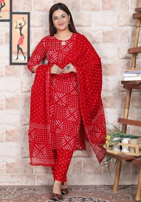 Red Printed Cotton Kurta Set