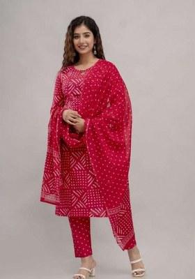 Rani Pink Bandhani Cotton Straight Kurta Set