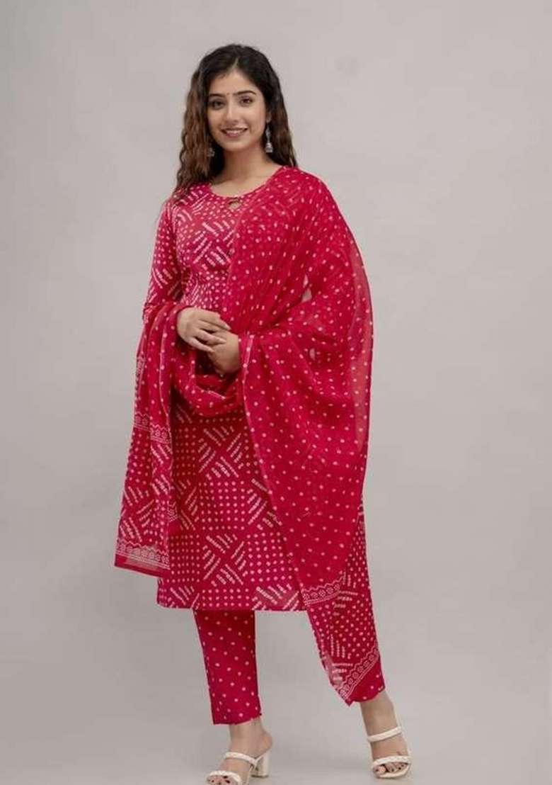 Rani Pink Bandhani Cotton Straight Kurta Set - Indya