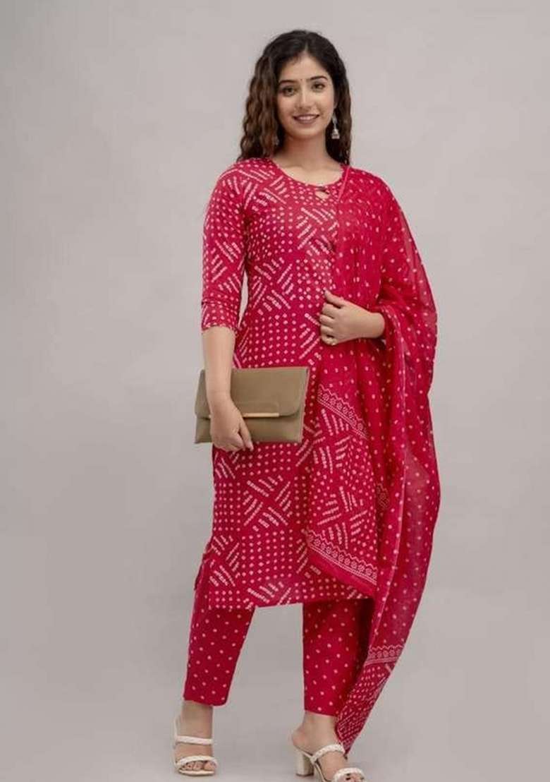 Rani Pink Bandhani Cotton Straight Kurta Set - Indya