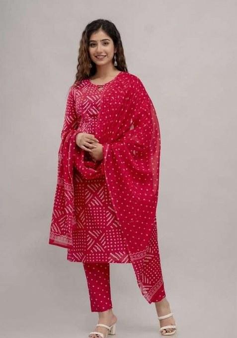 Rani Pink Printed Cotton Kurta Set