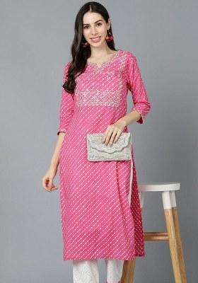 Pink Bandhani Cotton Straight Kurta Set