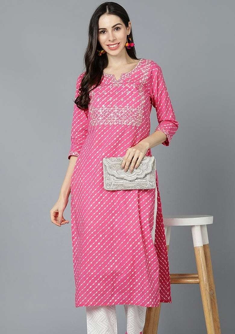 Pink Bandhani Cotton Straight Kurta Set - Indya