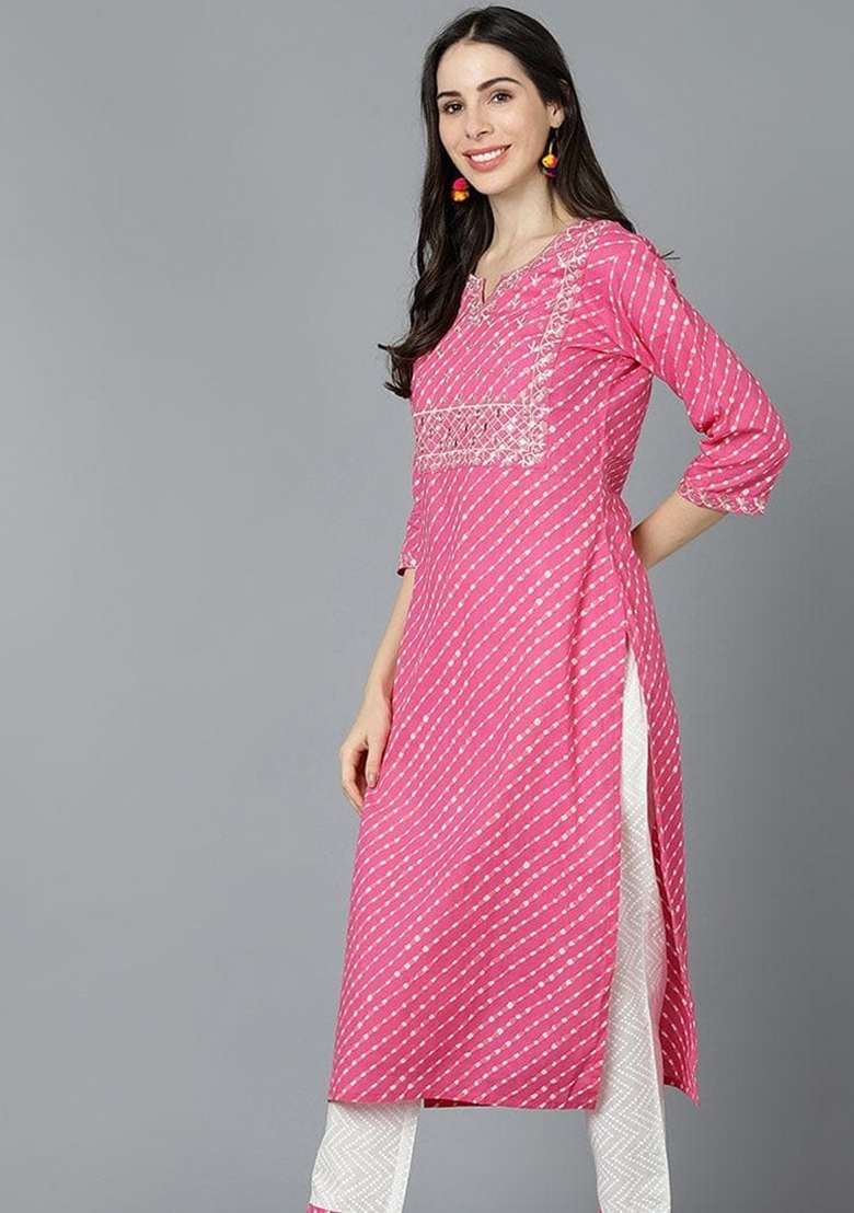 Pink Bandhani Cotton Straight Kurta Set - Indya