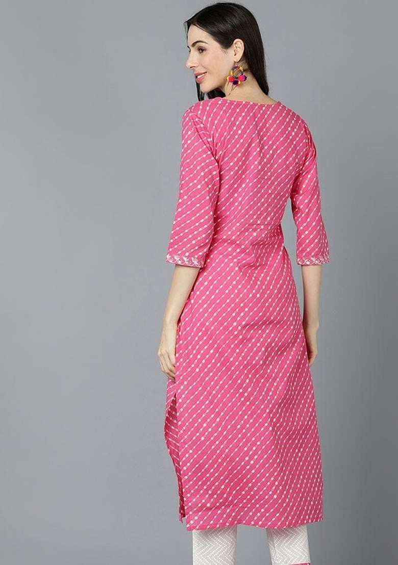 Pink Bandhani Cotton Straight Kurta Set - Indya