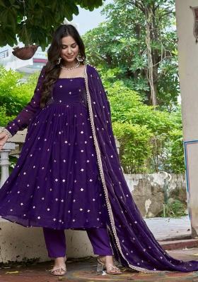Purple Embroidery Silk Salwar Kameez