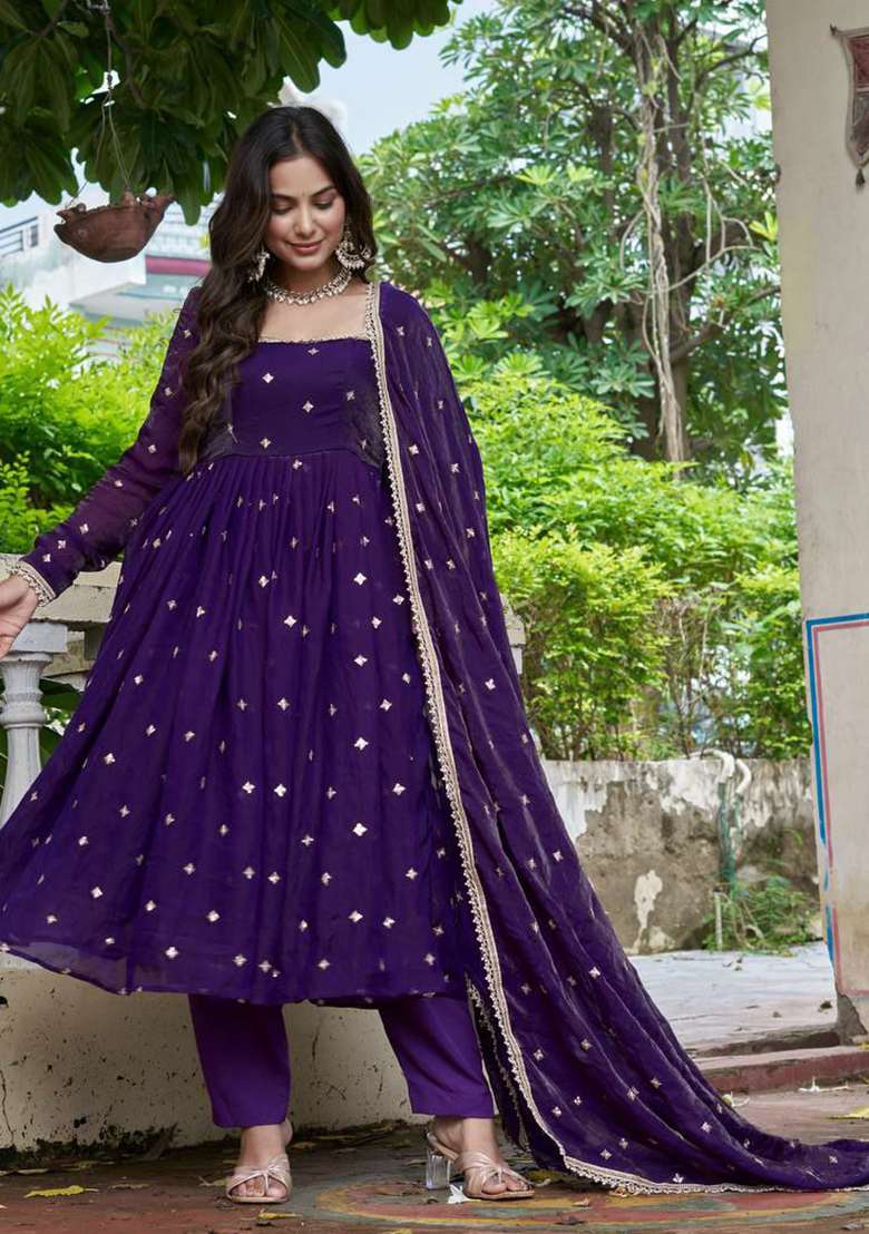 Purple Embroidery Silk Blend Salwar Kameez - Indya