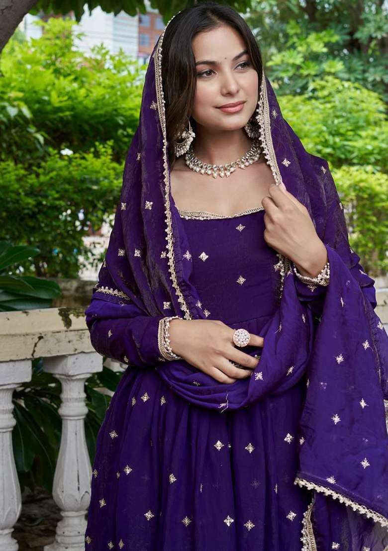 Purple Embroidery Silk Blend Salwar Kameez - Indya