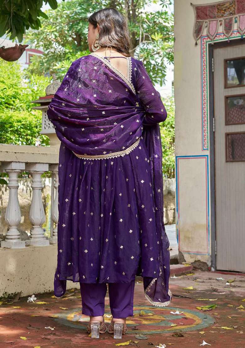 Purple Embroidery Silk Blend Salwar Kameez - Indya
