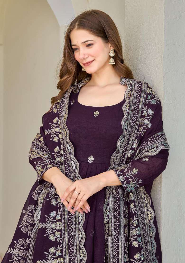 Purple Embroidery Silk Blend Salwar Kameez - Indya