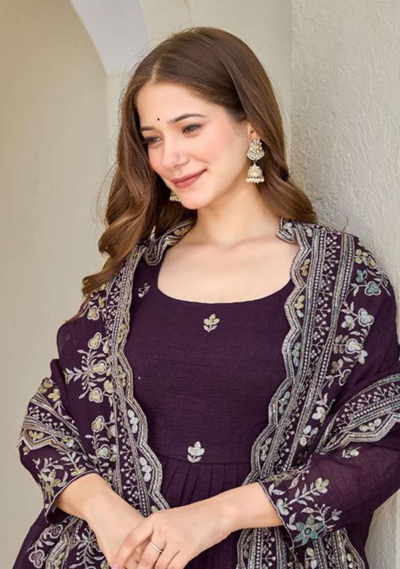 Purple Embroidery Silk Blend Salwar Kameez - Indya