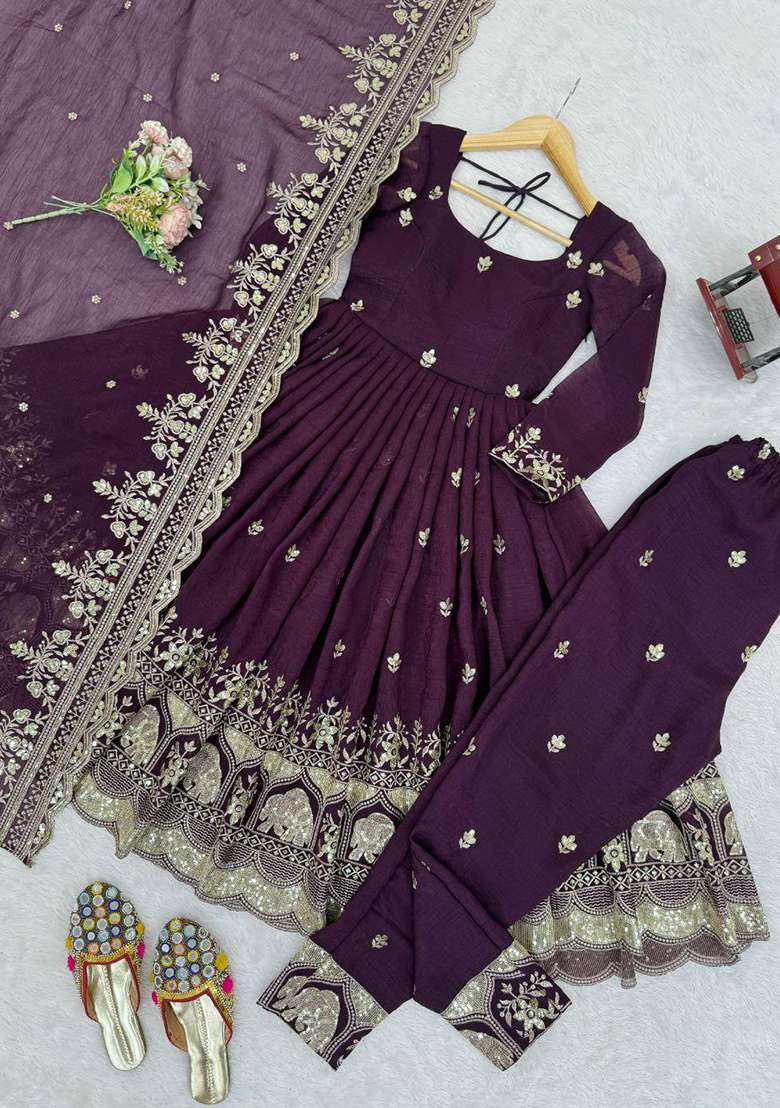 Purple Embroidery Silk Blend Salwar Kameez - Indya
