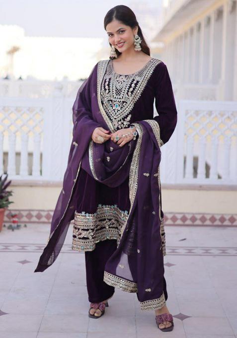 Purple Embroidery Velvet Salwar Kameez