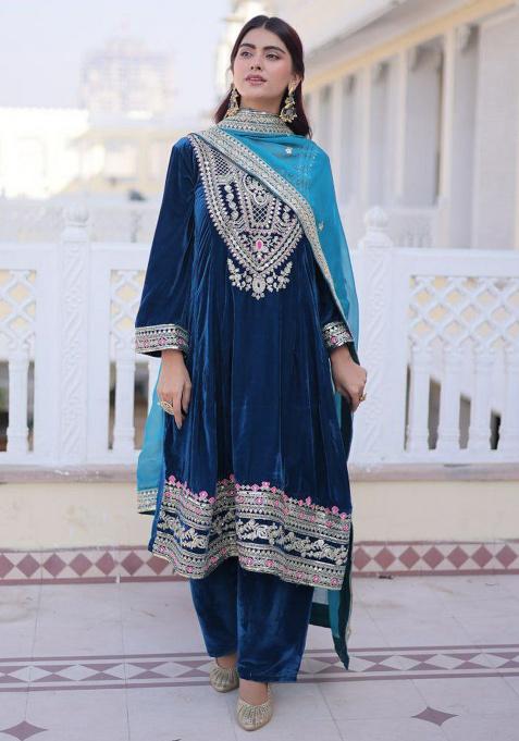 Rama Embroidery Velvet Salwar Kameez