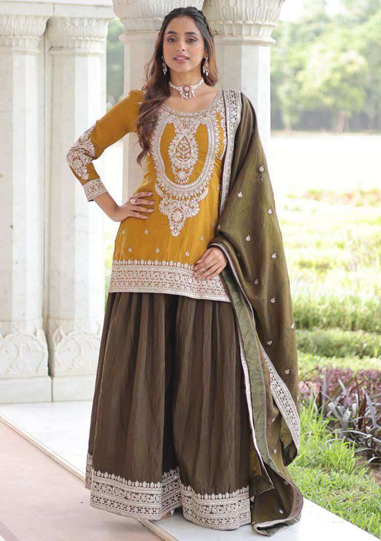 Yellow Embroidery Silk Blend Salwar Kameez - Indya