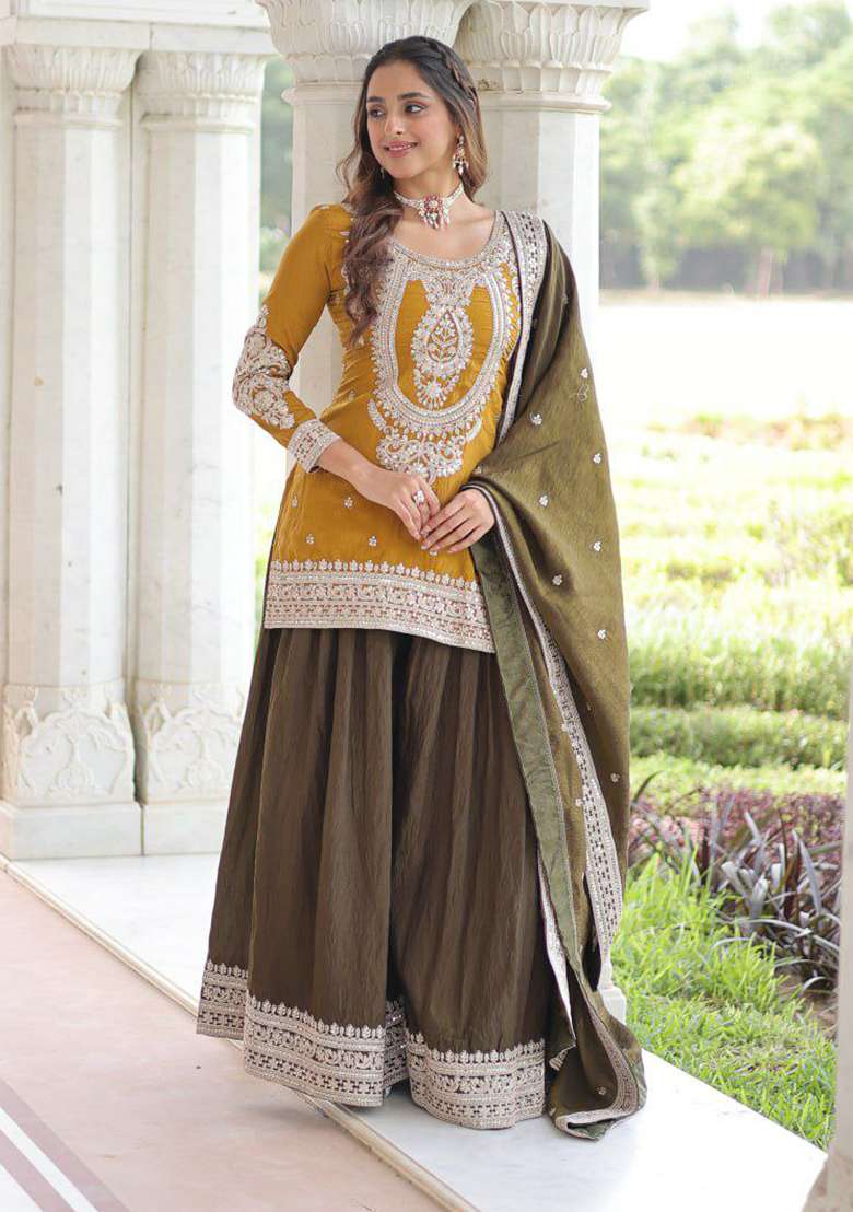 Yellow Embroidery Silk Blend Salwar Kameez - Indya