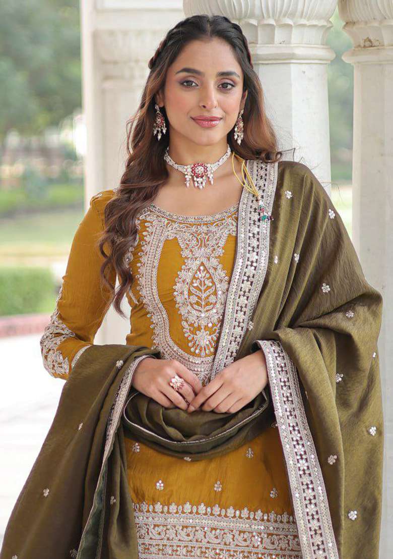 Yellow Embroidery Silk Blend Salwar Kameez - Indya