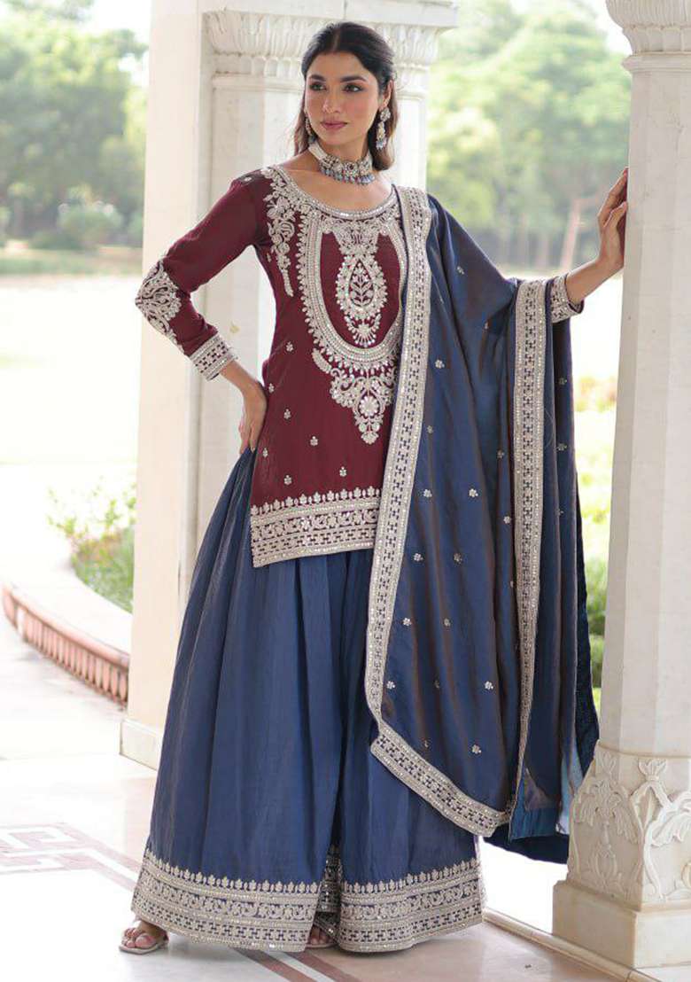 Red Embroidery Silk Blend Salwar Kameez - Indya