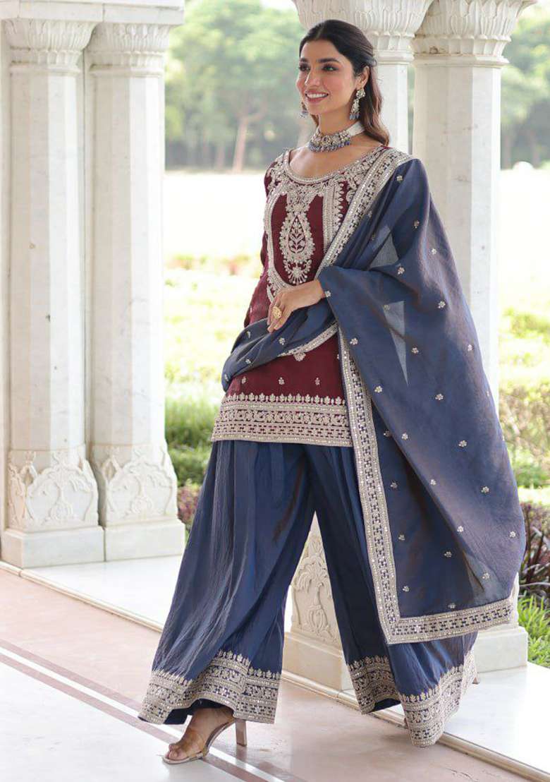 Red Embroidery Silk Blend Salwar Kameez - Indya