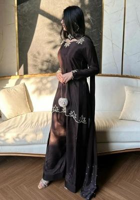 Brown Embroidery Crepe Salwar Kameez