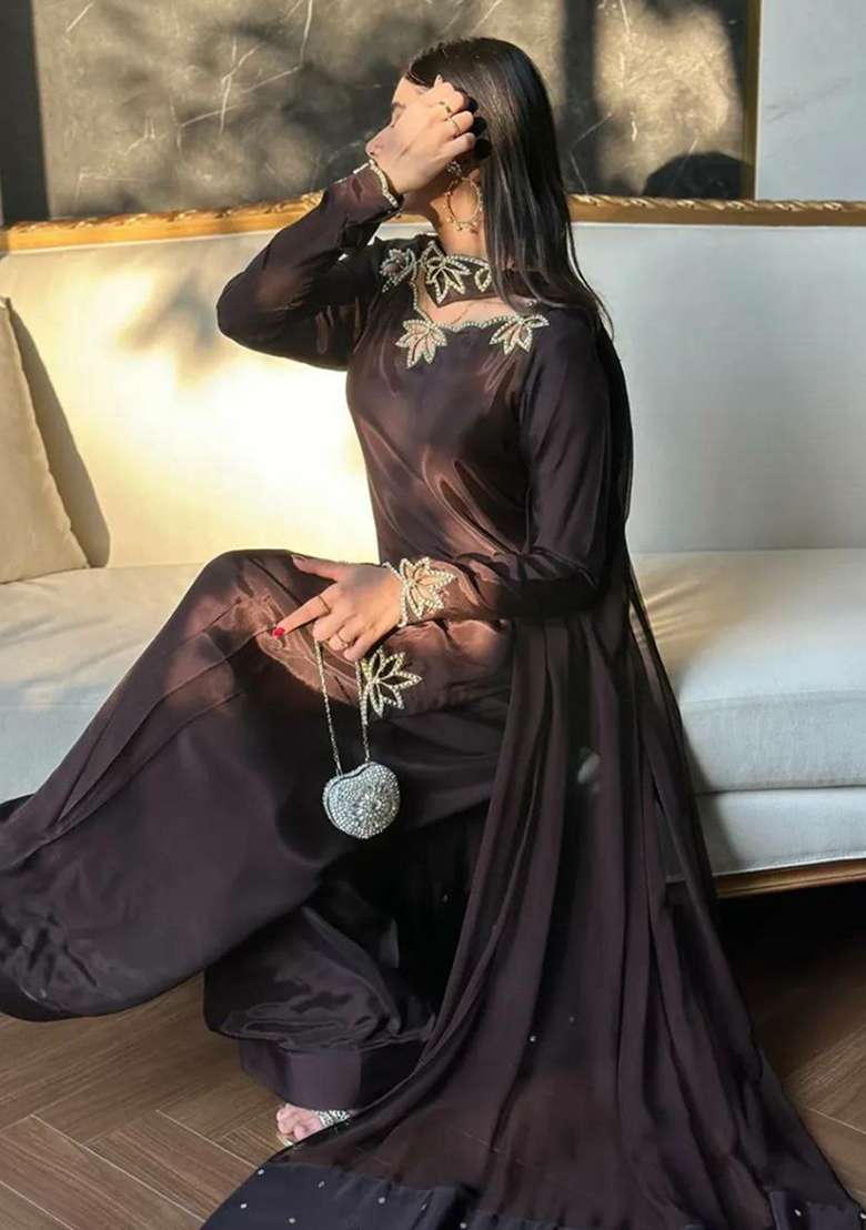 Brown Embroidery Crepe Salwar Kameez - Indya