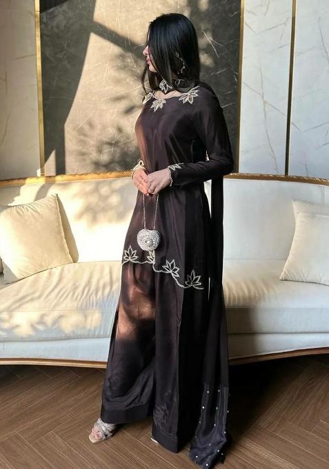 Brown Embroidery Crepe Salwar Kameez — view on Indya