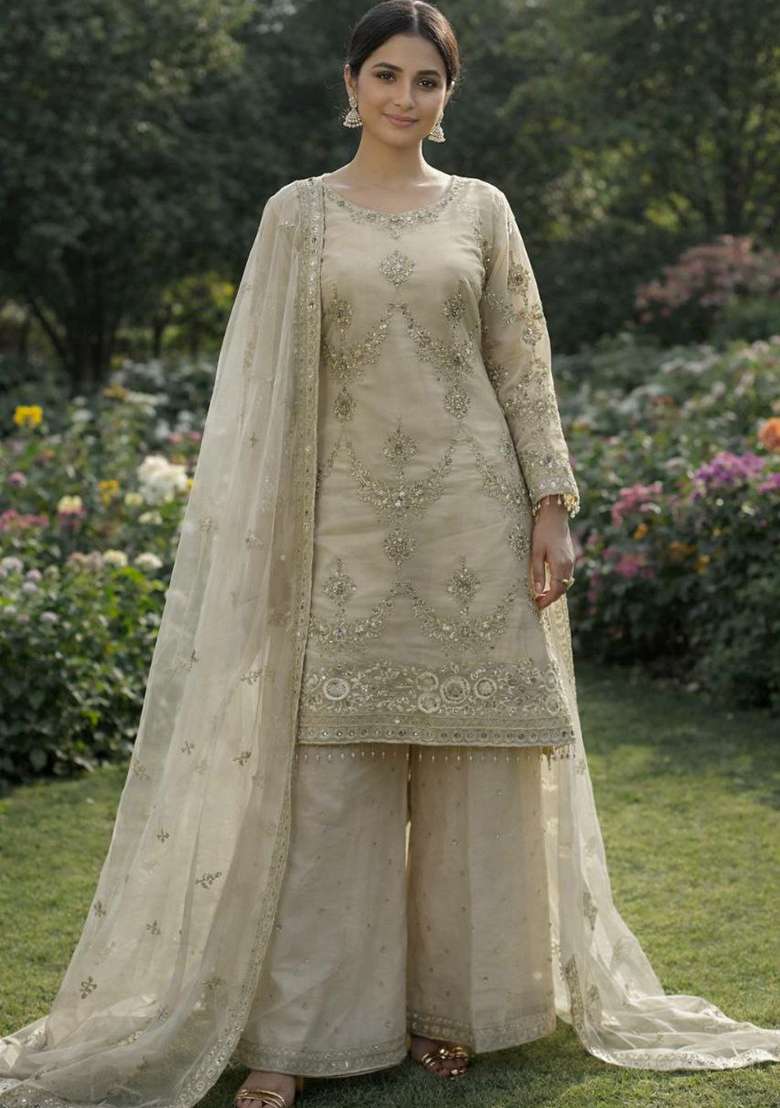 Beige Embroidery Organza Salwar Kameez - Indya