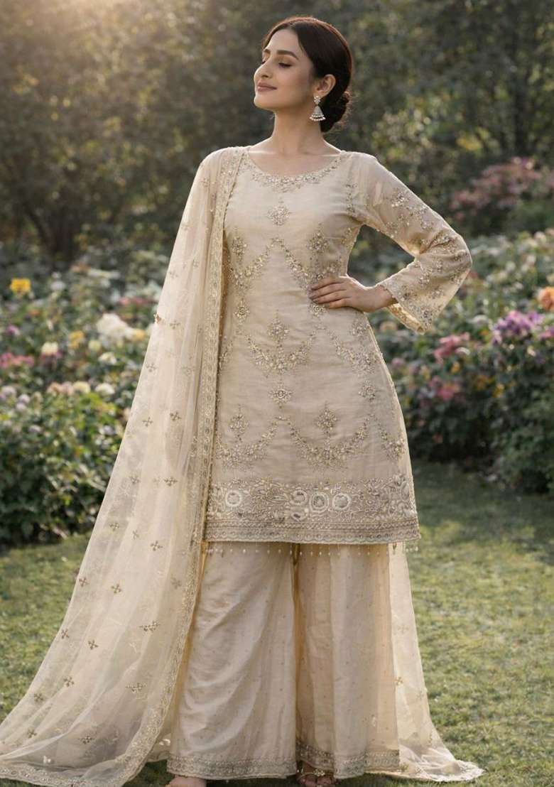Beige Embroidery Organza Salwar Kameez - Indya