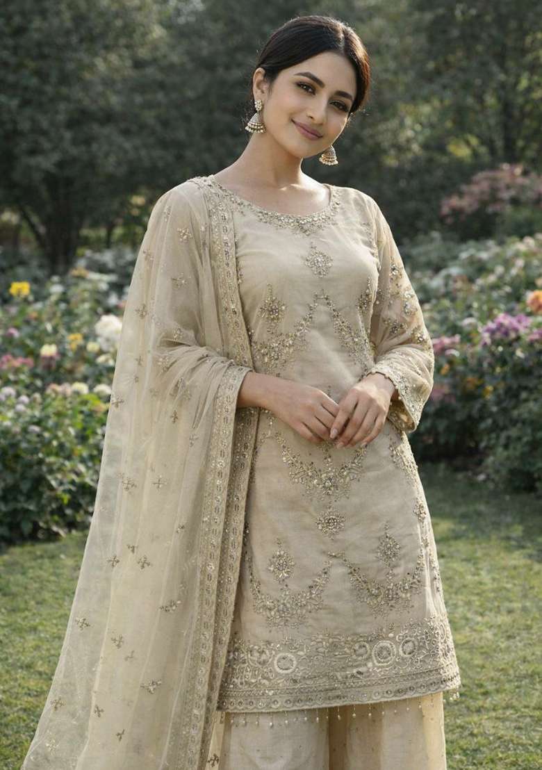 Beige Embroidery Organza Salwar Kameez - Indya
