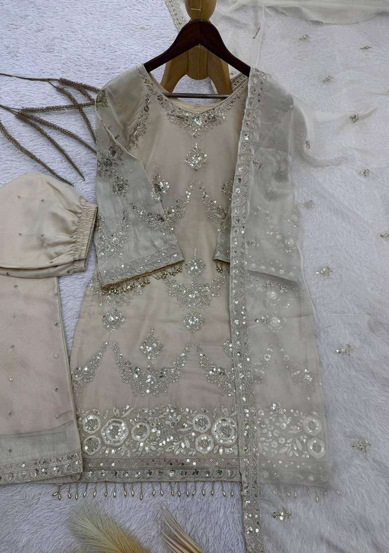 Beige Embroidery Organza Salwar Kameez - Indya