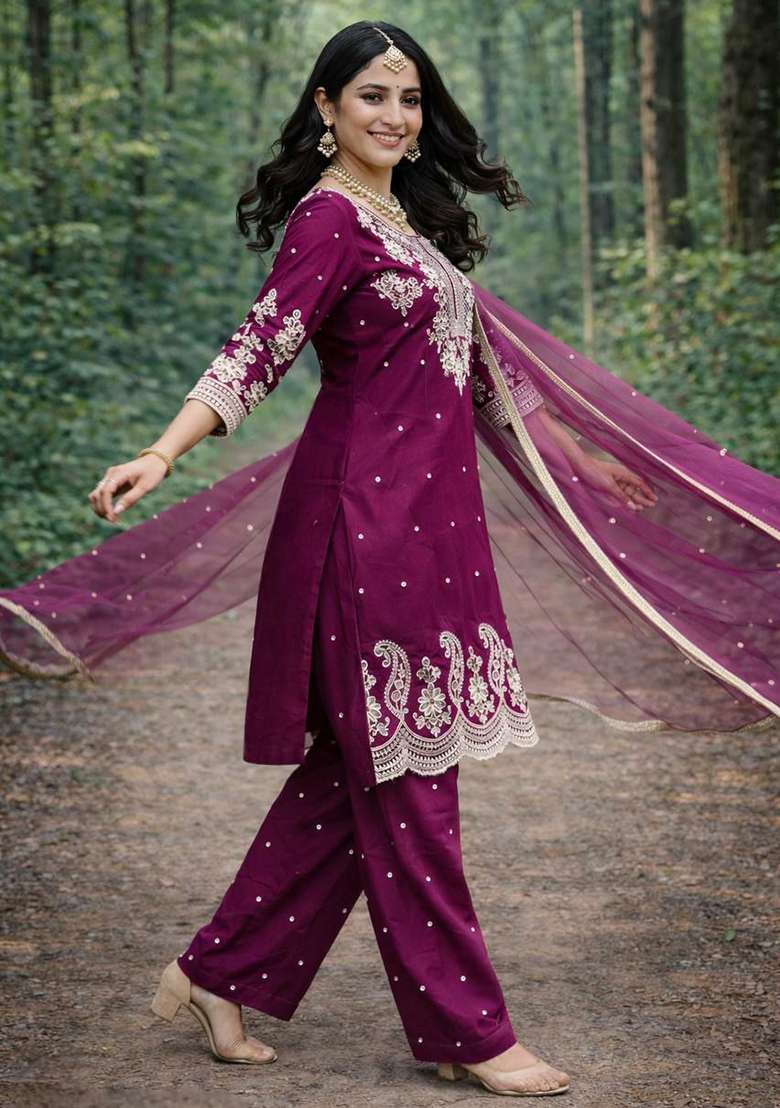 Purple Embroidery Silk Blend Salwar Kameez - Indya