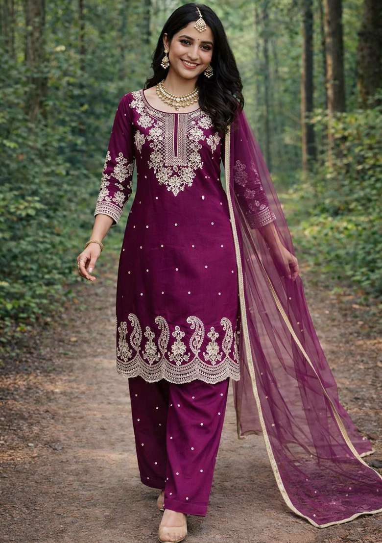 Purple Embroidery Silk Blend Salwar Kameez - Indya