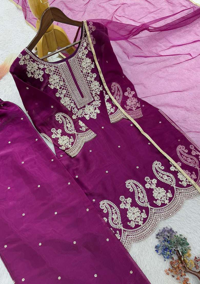 Purple Embroidery Silk Blend Salwar Kameez - Indya