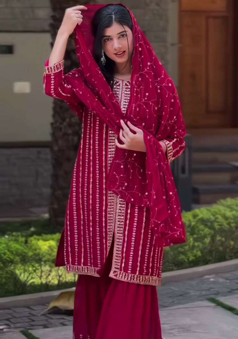 Pink Embroidery Georgette Salwar Kameez - Indya