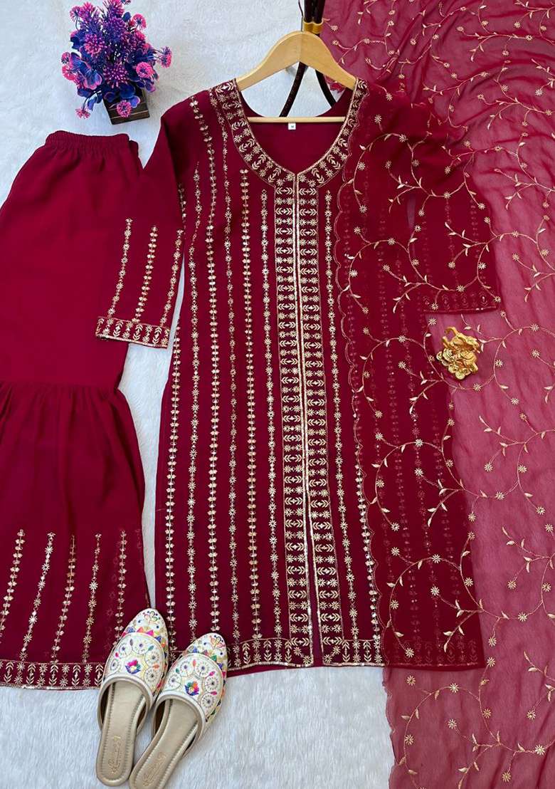 Pink Embroidery Georgette Salwar Kameez - Indya