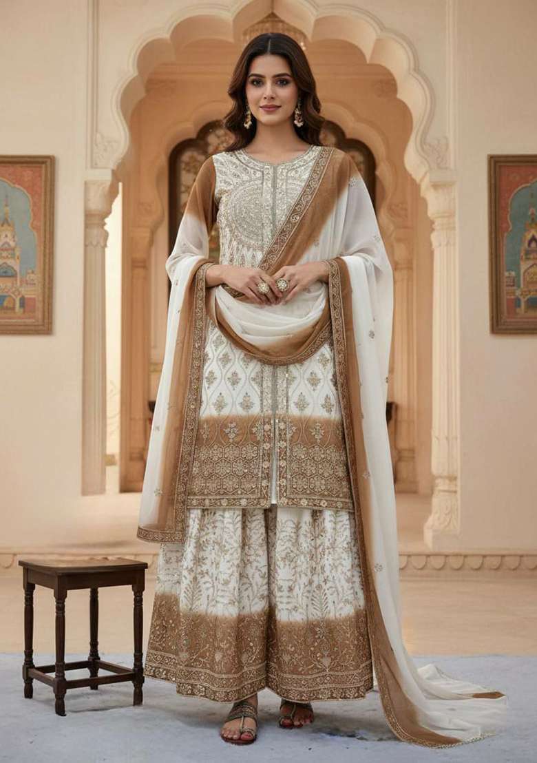 White Embroidery Georgette Salwar Kameez - Indya