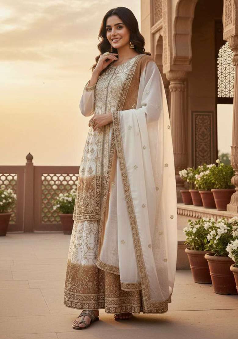 White Embroidery Georgette Salwar Kameez - Indya