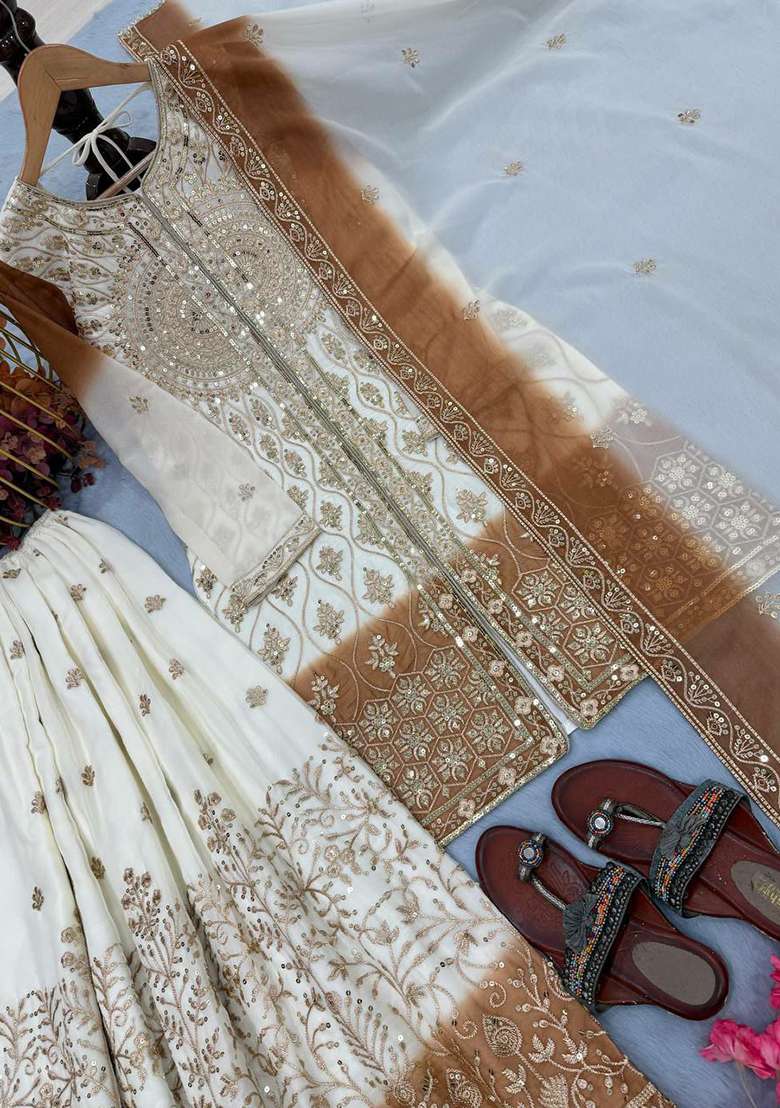 White Embroidery Georgette Salwar Kameez - Indya