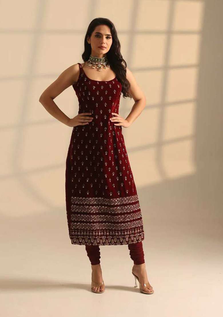 Red Embroidery Roman Glass Salwar Kameez - Indya