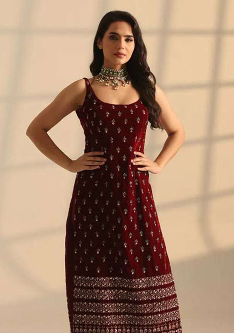 Red Embroidery Roman Glass Salwar Kameez - Indya