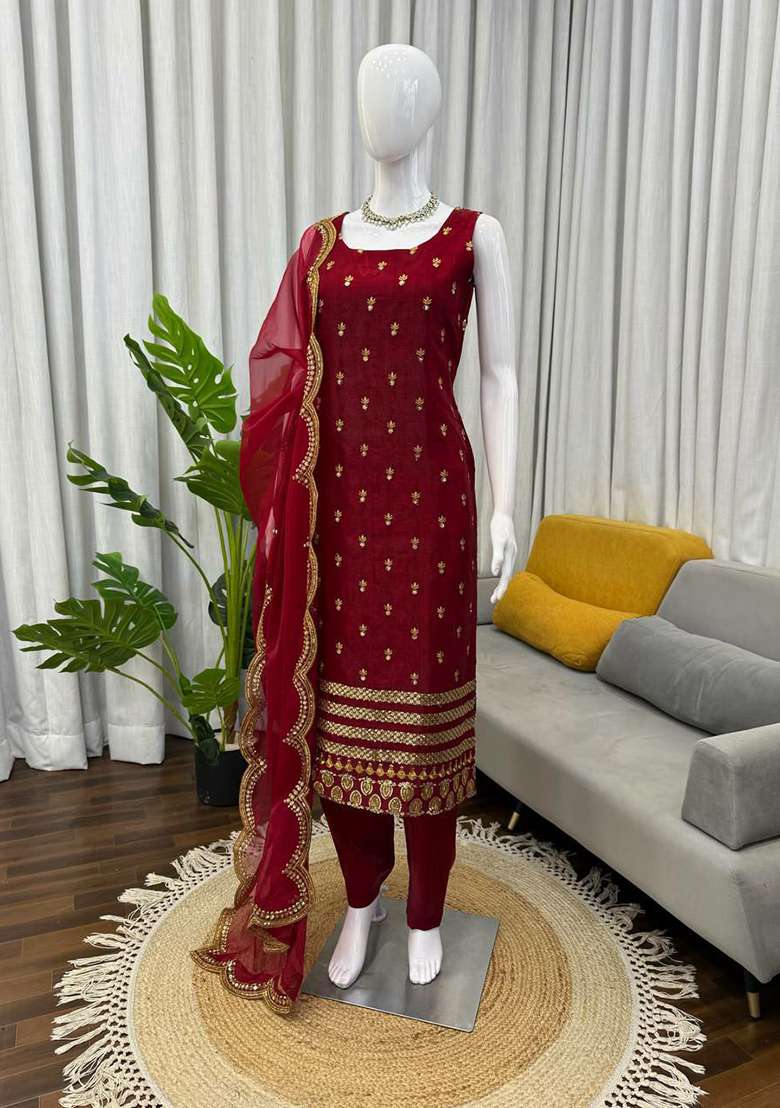 Red Embroidery Roman Glass Salwar Kameez - Indya