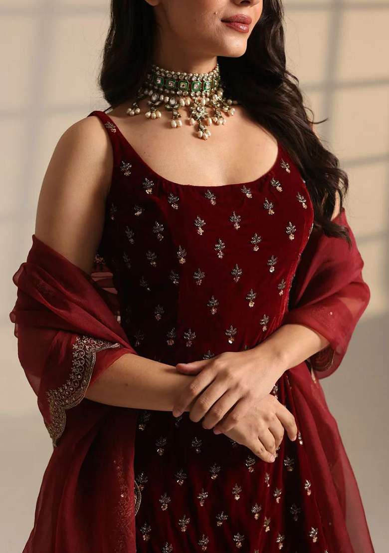 Red Embroidery Roman Glass Salwar Kameez - Indya