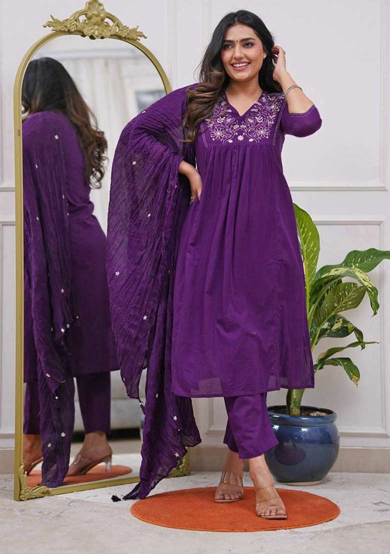 Purple Embroidery Rayon Kurta Set - Indya