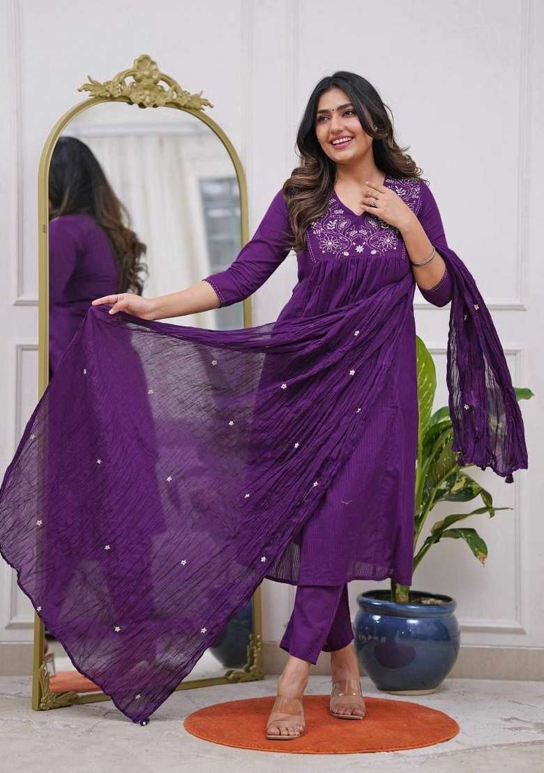 Purple Embroidery Rayon Kurta Set - Indya