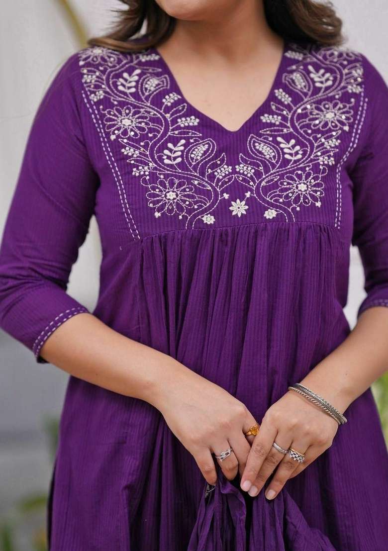 Purple Embroidery Rayon Kurta Set - Indya